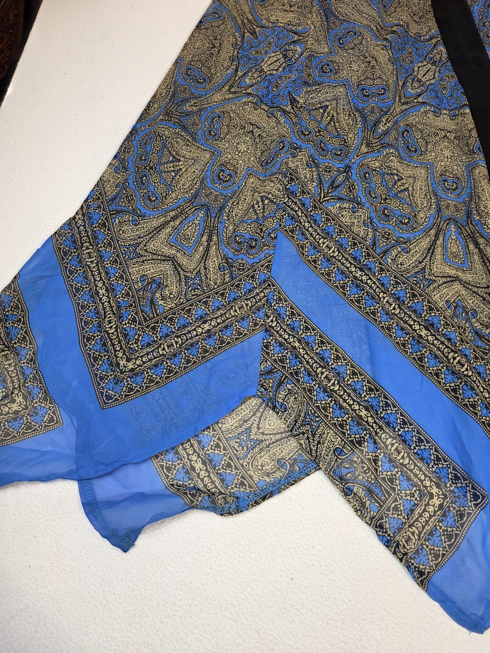Ashley Stewart Blue and Gold Paisley Asymmetrical Handkerchief Hem Dress - Picture 4 of 13